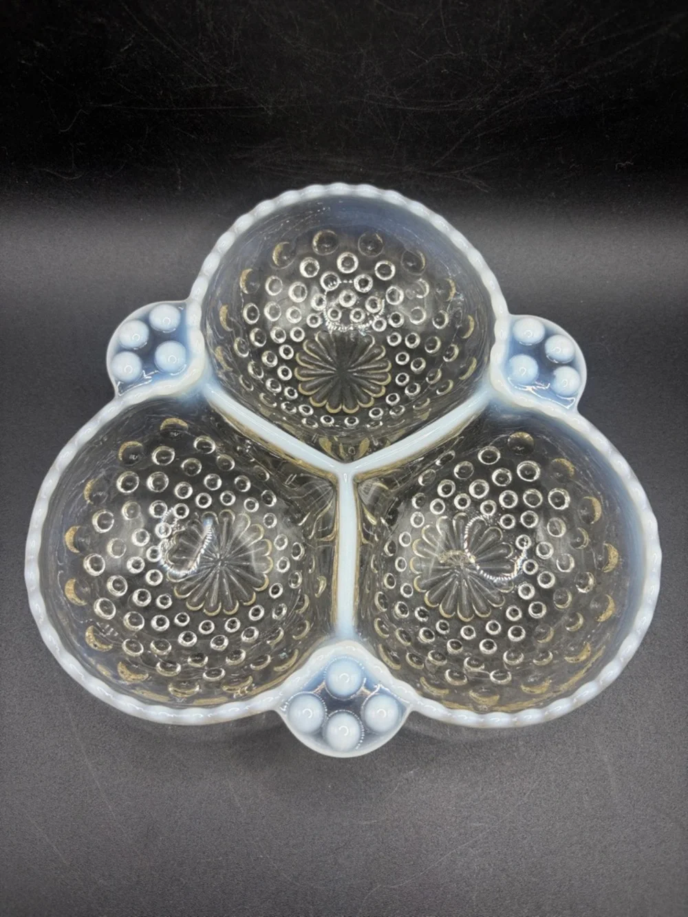 Vintage Opalescent Moonstone Hobnail Clear White Glass Divided Serving Dish